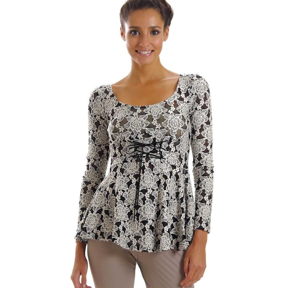 NEW! Boho Scoop Neck Mesh Lace Tie Long Sleeve Top